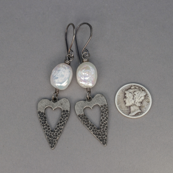 Pearl and Pewter Heart Earrings are 2.5 Inches Long