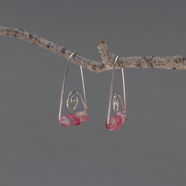 Triangular Drop Earrings with Pink Gemstones
