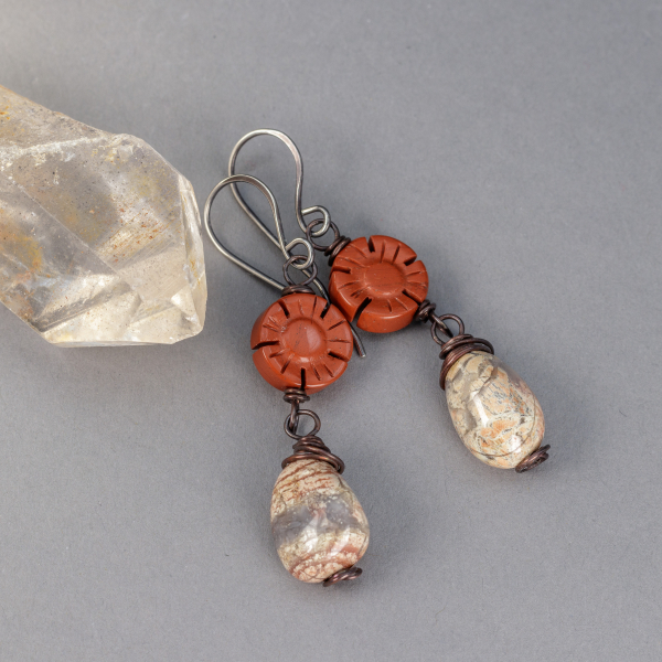 Two Stone Dangle Earrings where the top stone is a carved red jasper flower