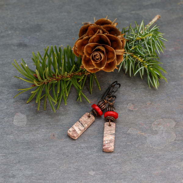 Rhyolite and Coral Copper Earrings