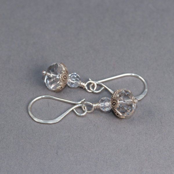 Earrings with Two Sparkling Quartz Stones and Six Pointed Silver Bead Caps
