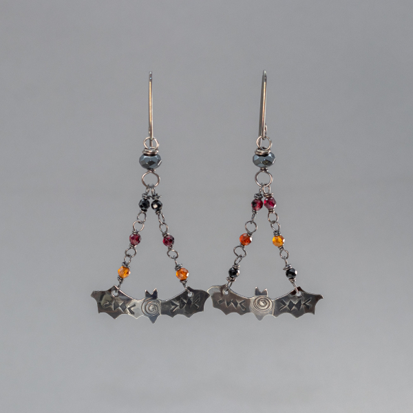 Blackened Silver Flying Bat Earrings Red Orange Black Gemstone Chain