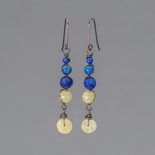 Long Dangle Earrings with Blue Lapis, Golden Quartz, and Yellow Calcite