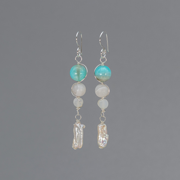Silver Wire Sinuously Wrapped Stone Bead Earrings Tapering from 10 to 6 mm