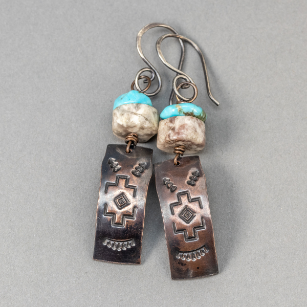 Turquoise and Agate Natural Stone Earrings in Copper and Silver