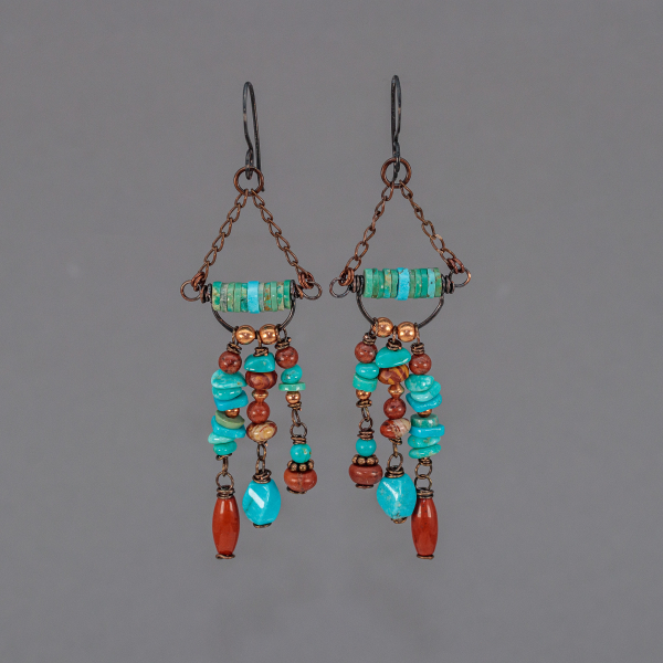 Chandelier Earrings with Three Dangling Strands of Turquoise and Jasper Stones