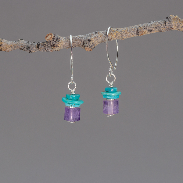 Faceted Amethyst Tubes with Genuine Turquoise Disks Beaded Earrings