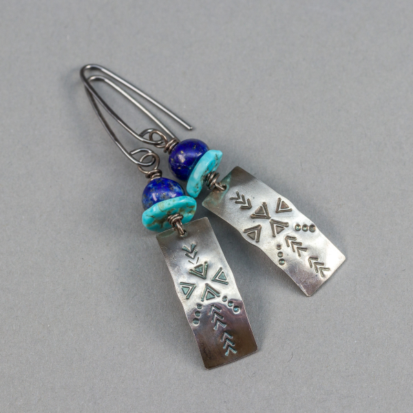 Blue Stone Earrings with Textured Sterling Silver Rectangles