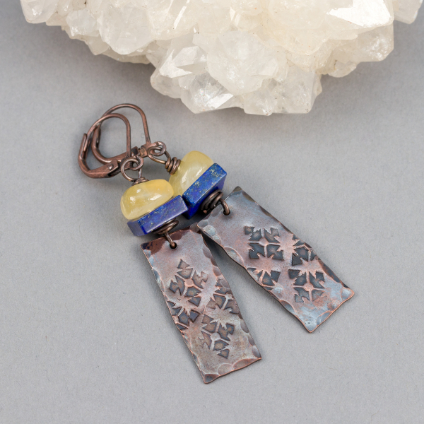 Blue and Yellow Stone Dangle Earrings with Rustic Textured Copper