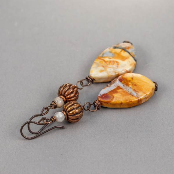 Venus Jasper Dangle Earrings have Copper and Gray Agate Accents