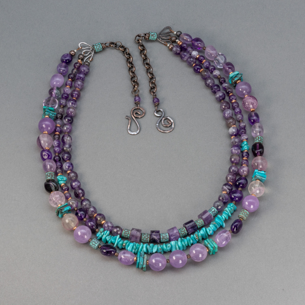 Three Strand Gemstone Beaded Necklace, Amethyst and Turquoise