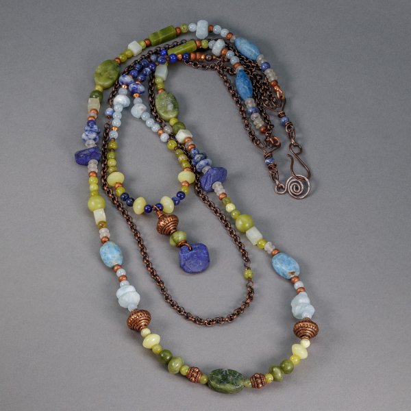Long Boho Necklace with Green and Blue Semiprecious Gemstones