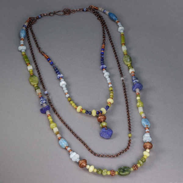 Green, Yellow Green, and Shades of Blue Stone Long Necklace