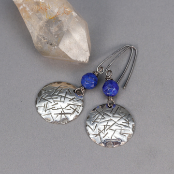 Big Circles of Stamped Sterling Silver Dangle Beneath 8mm Faceted Lapis Beads