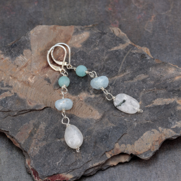 Amazonite, Aquamarine, and Moonstone Earrings in Sterling Silver