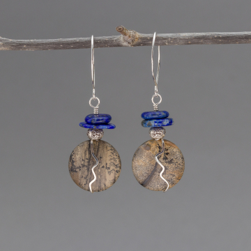 Om Earrings with Artistic Jasper and Lapis Stones