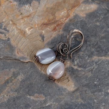 Small Brown Gray White Striped Stones Grace these Copper Wire Wrapped Earrings