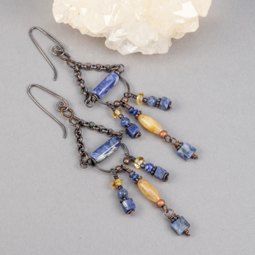 Copper Chandelier Earrings with Blue and Yellow Stone Beads.