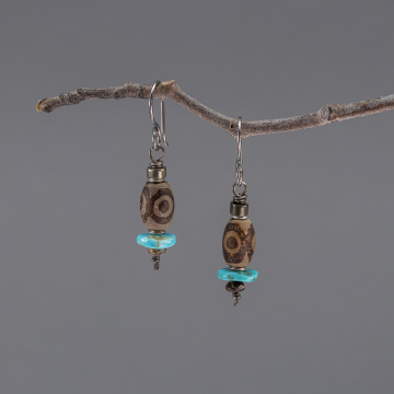 Brown Agate and Blue Turquoise Earrings