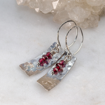 Hammered Silver Dangle Earrings with Red Garnet Gemstones