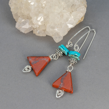 Red Jasper Triangles Dangle Beneath a Stack of Silver and Turquoise Beads