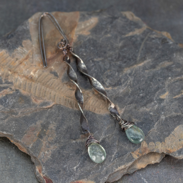 Long Dangle Earrings with Tiny Moss Aquamarine Gemstones