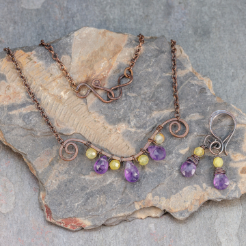 Yellow Opal and Amethyst Jewelry Set in Copper