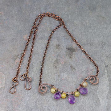 Copper Wire Wrapped Purple Gemstone Bar Necklace is 17 Inches Long