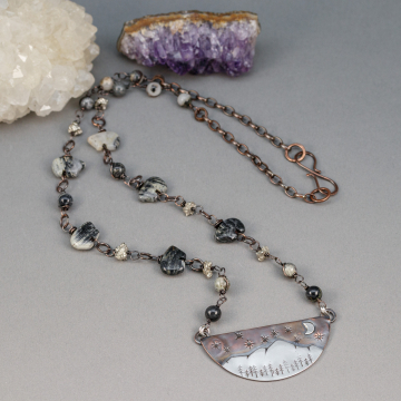 Silver and Dark Copper Moonlit Mountain Necklace with Zuni Bear Chain