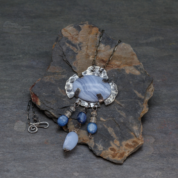 Southwest Bohemian Pendant Necklace with Blue Lace Agate