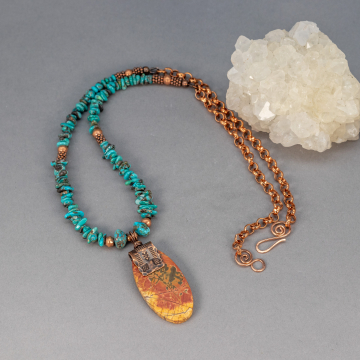 Turquoise Beaded Front Necklace with Jasper Pendant in Brick Red and Yellow