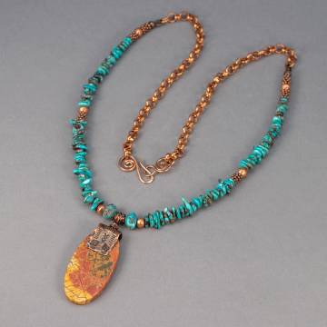 Copper and Turquoise Necklace with Red and Yellow Red Creek Jasper Pendant
