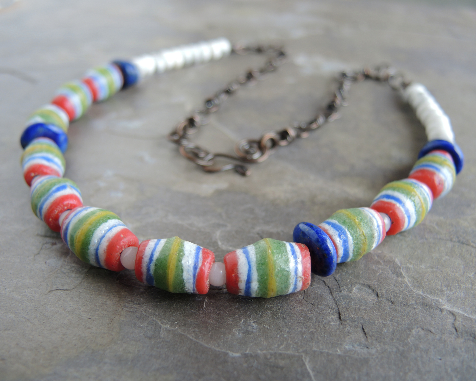 African bead necklace, colorful jewelry, African clay beads, gree | aftcra