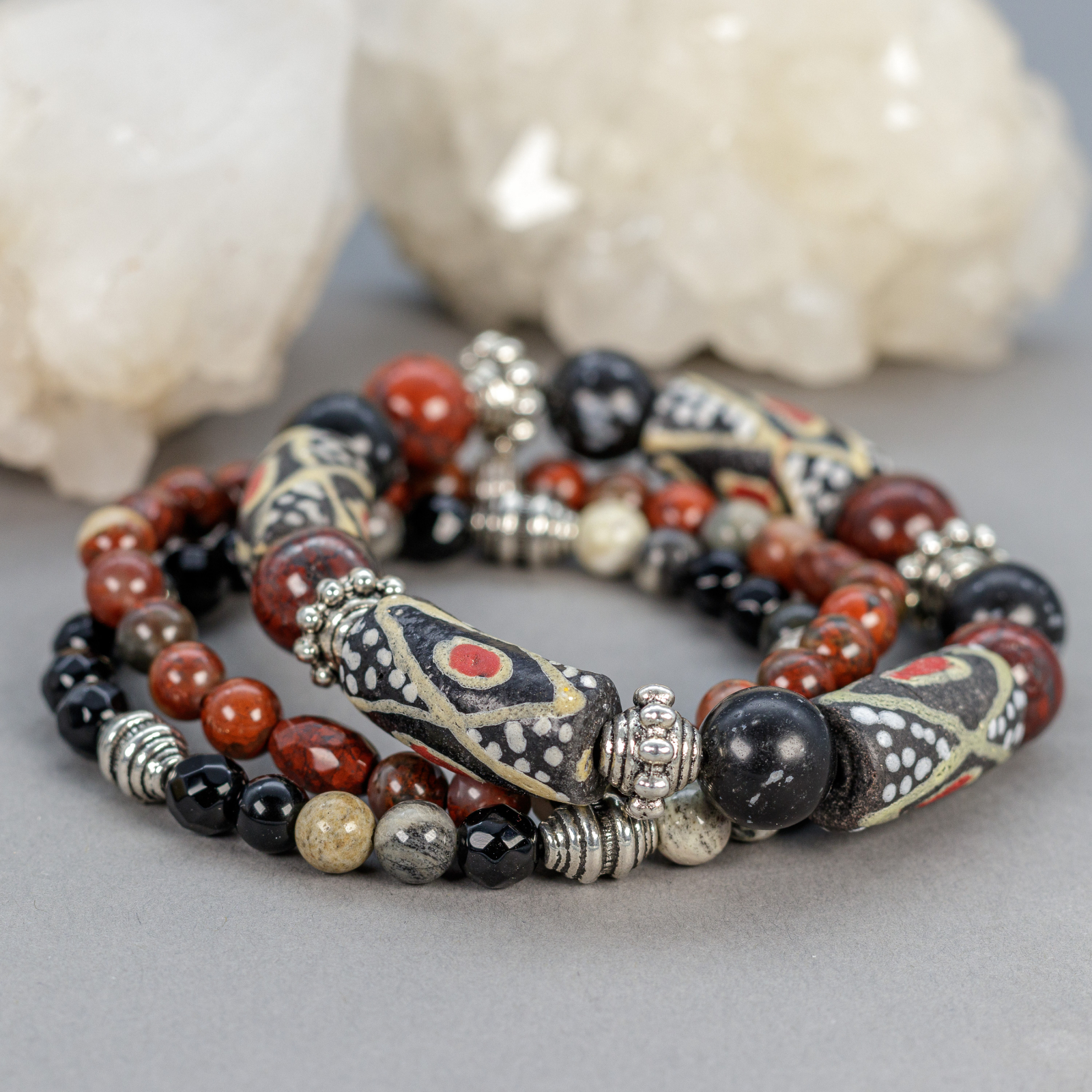 Black and Red Natural Stone and African Recycled Glass Bead Bracelet Stack,  Set of Three Stretch Bracelets