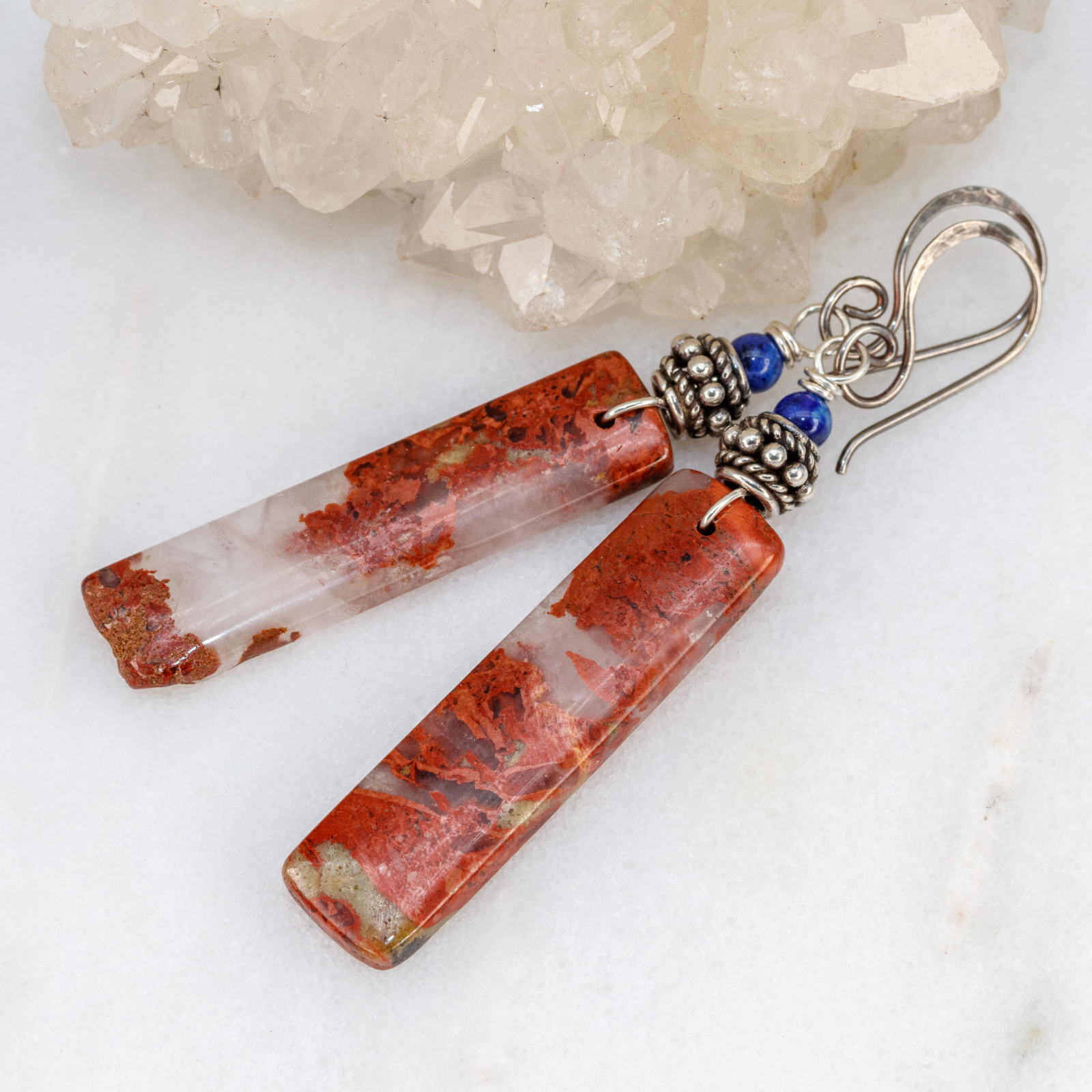 Rustic and Elegant Red River Jasper Earrings in Sterling Silver,  Handcrafted Red Stone Earrings with Lapis Accent