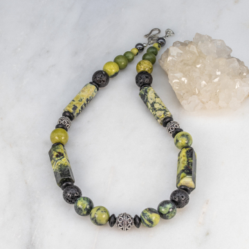 Chunky Bead Necklace, Bright Green and Black Stone Necklace with Silver Accents