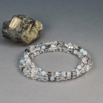 Crystal Quartz, Aquamarine, and Obsidian Wrap Bracelet, Pale Blue and Smoky Grey Gemstone Beaded Bracelet