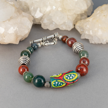 Red and Green Natural Stone Holiday Bracelet with African Glass Bead Focal