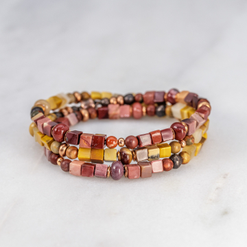 Mookaite Bracelet, Triple Wrap Bracelet with Red and Yellow Jasper Stones and Copper