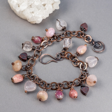 Pink Natural Stone Charm Bracelet in Copper, Pink and Red Stone Heart Theme Fringe Bracelet