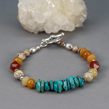 Turquoise Beaded Bracelet with Sun Color Natural Stones, Single Strand Turquoise and Orange Stone Bracelet