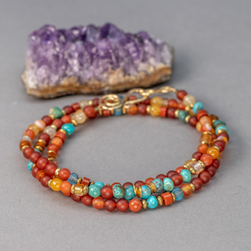 Orange Stone Wrap Bracelet, Sunny Colors Natural Stone Wrap Bracelet with Turquoise and Brass Accents