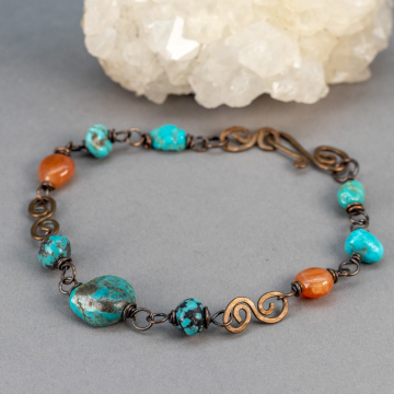 Copper Wire Wrap Turquoise and Agate Link Bracelet