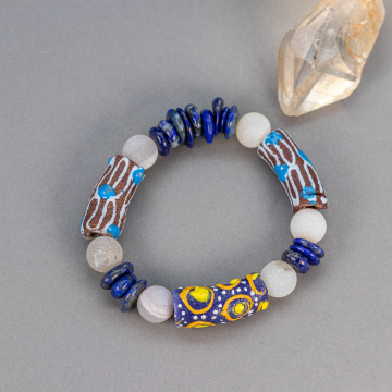 Chunky Beaded Stretch Bracelet with African Glass Beads, Agate, and Lapis Gemstones, Blue, White, Brown Hues
