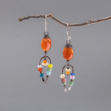 Whimsical Art Jewelry Earrings with Multicolor Gemstones, Orange Carnelian Earrings in Copper and Sterling Silver