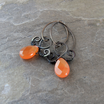 Copper Wire Wrapped Carnelian Earrings, Dainty Orange Stone Earrings, July Birthstone