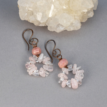 Pink Stone Circle Earrings, Rose Quartz Rhodonite and Rock Crystal Earrings in Copper