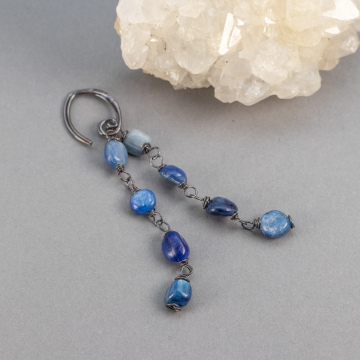 Rustic Kyanite Linear Earrings, Long Dangle Earrings with Blue Kyanite Wire Wrapped Links