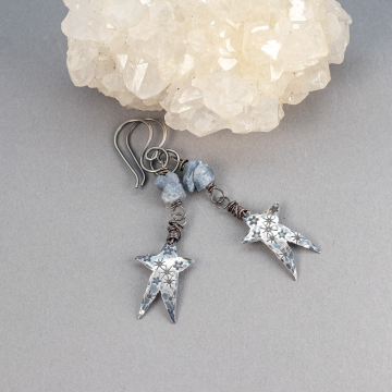 Raw Blue Sapphire Sterling Silver Star Dangle Earrings