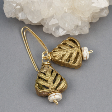 Brass Holiday Earrings, African Brass Bead Earrings with White Magnesite Natural Stones
